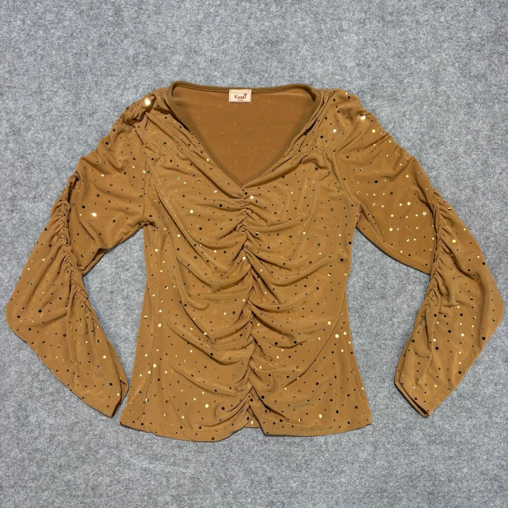 Koxxi USA Womens Tan Gold Foil Polka Dot Ruched V-Neck Long Sleeve Top Size S